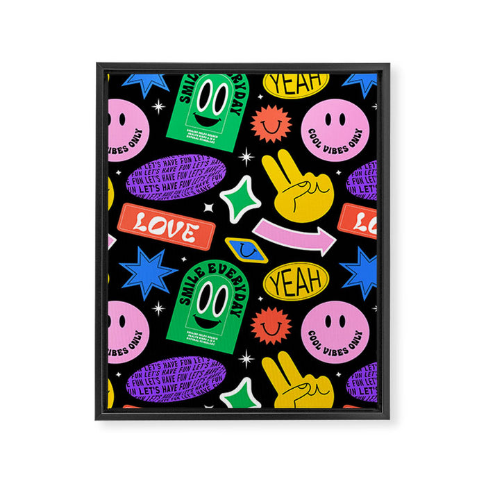 Retro cartoon sticker label pattern Framed Canvas Print Gallery Image 1