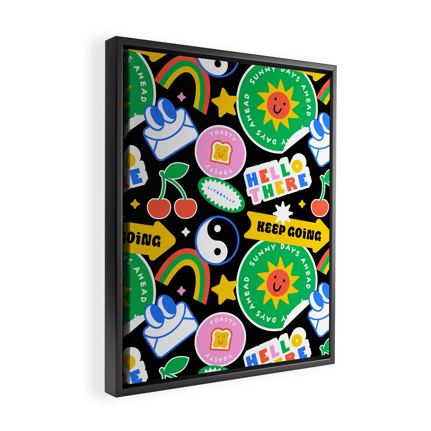 Retro cartoon sticker label pattern Framed Canvas Print Gallery Image 2