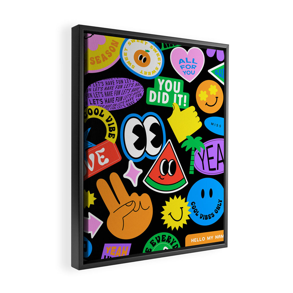 Retro cartoon sticker pattern Framed Canvas Print Gallery Image 2