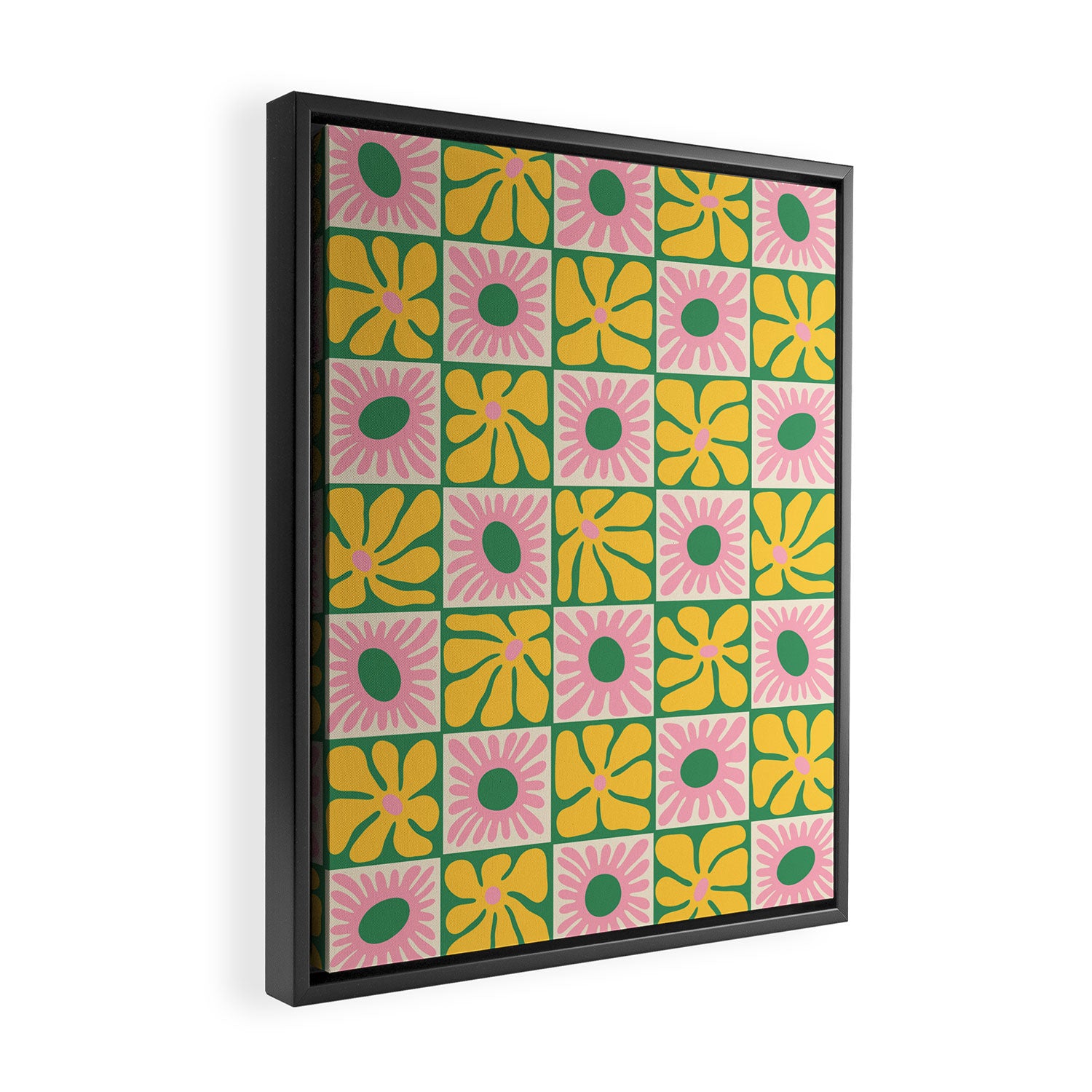 Retro checkered flower art pattern Framed Canvas Print Gallery Image 2