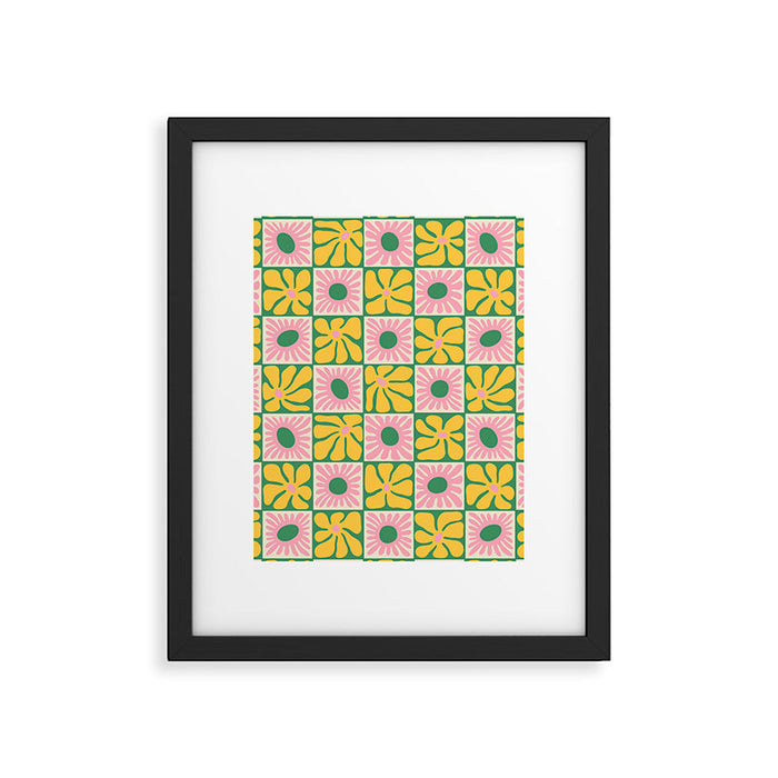 Retro checkered flower art pattern Framed Art Print Gallery Image 1