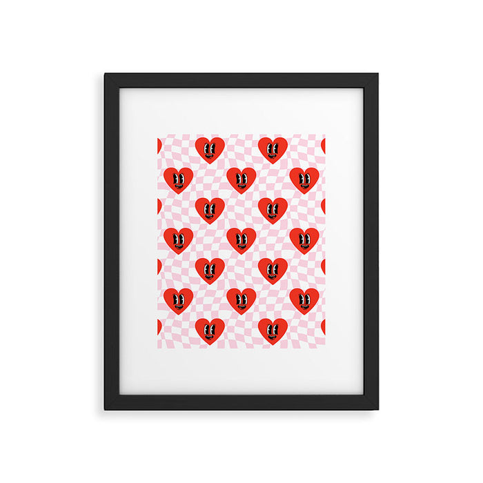 Retro checkered love heart cartoon pattern Framed Art Print Gallery Image 1