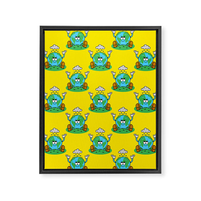 Retro earth planet cartoon character pattern Framed Canvas Print Gallery Image 1