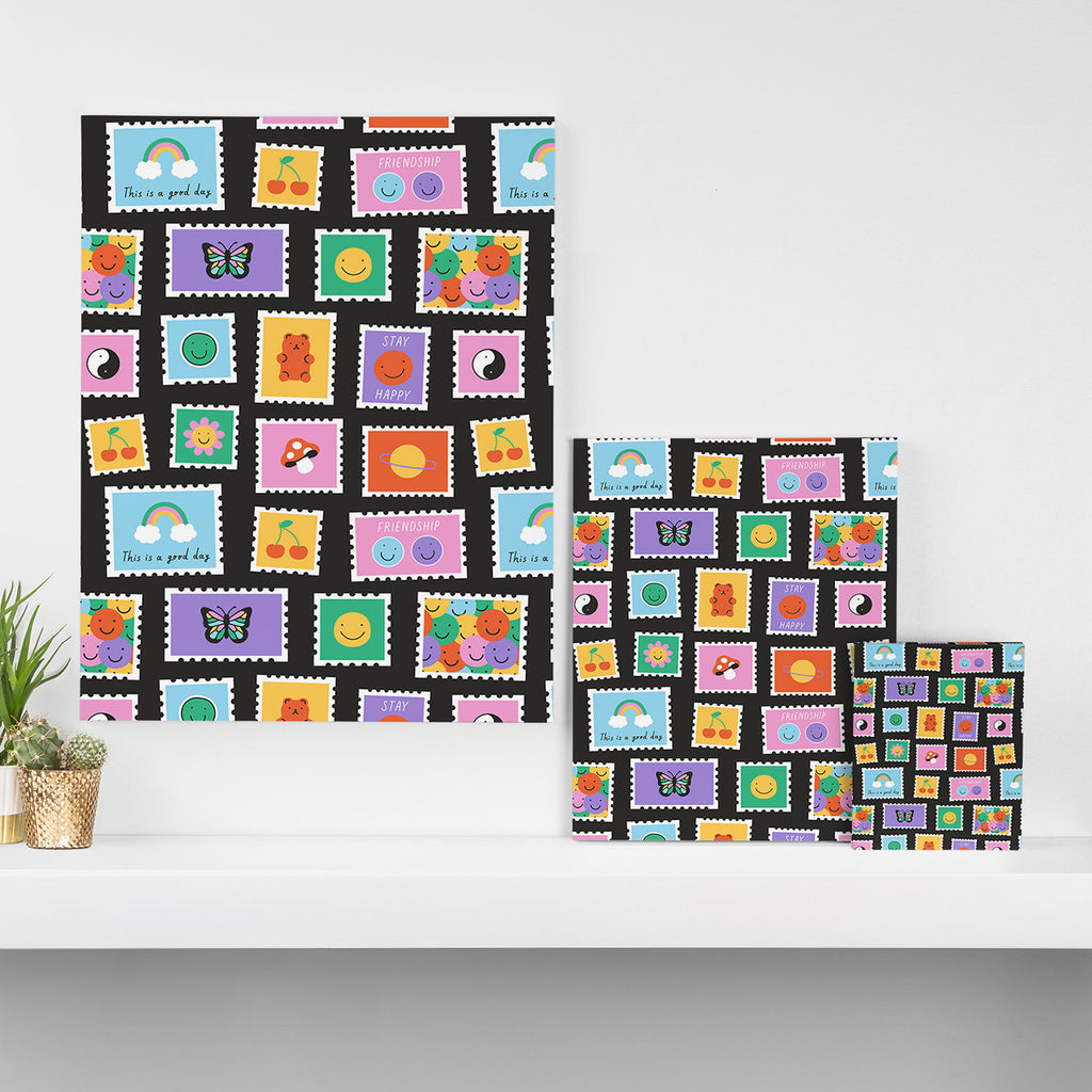 Retro funny cartoon postage stamp sticker pattern Canvas Print Gallery Image 3