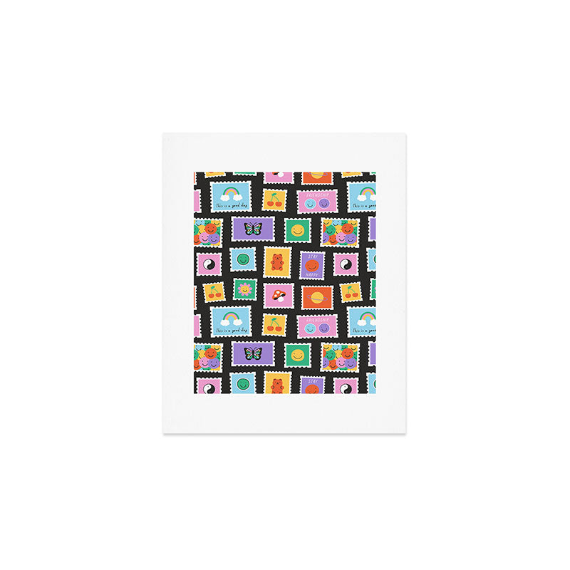 Retro funny cartoon postage stamp sticker pattern Art Print Gallery Image 1