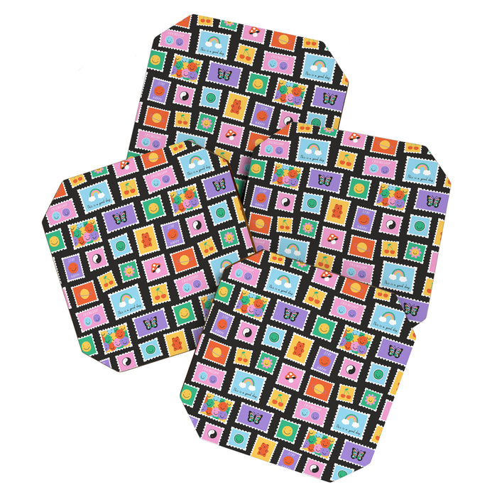 Retro funny cartoon postage stamp sticker pattern Coaster Gallery Image 1