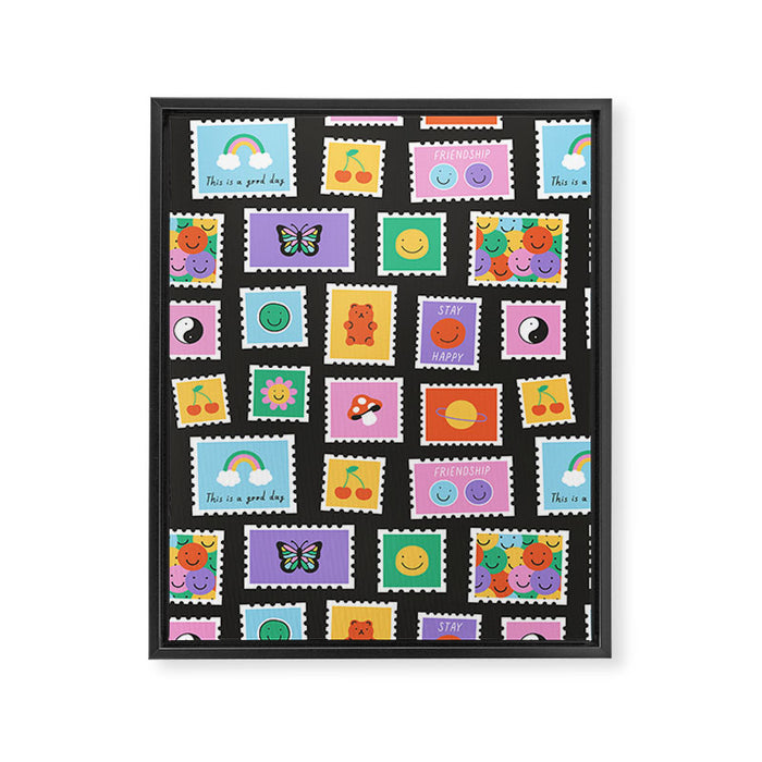 Retro funny cartoon postage stamp sticker pattern Framed Canvas Print Gallery Image 1