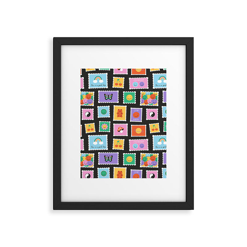 Retro funny cartoon postage stamp sticker pattern Framed Art Print Gallery Image 6
