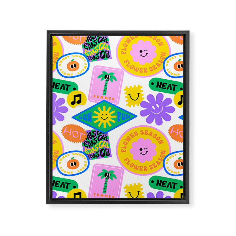 Retro funny sticker label cartoon pattern Framed Canvas Print Gallery Image 8