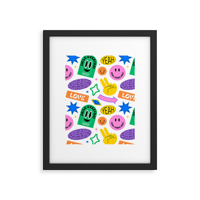 Retro funny sticker label cartoon pattern Framed Art Print Gallery Image 6