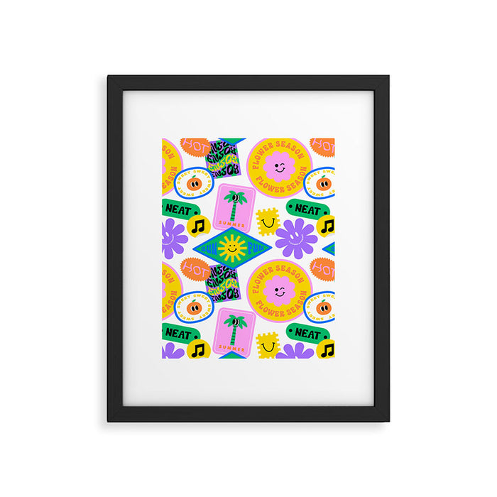 Retro funny sticker label cartoon pattern Framed Art Print Gallery Image 1