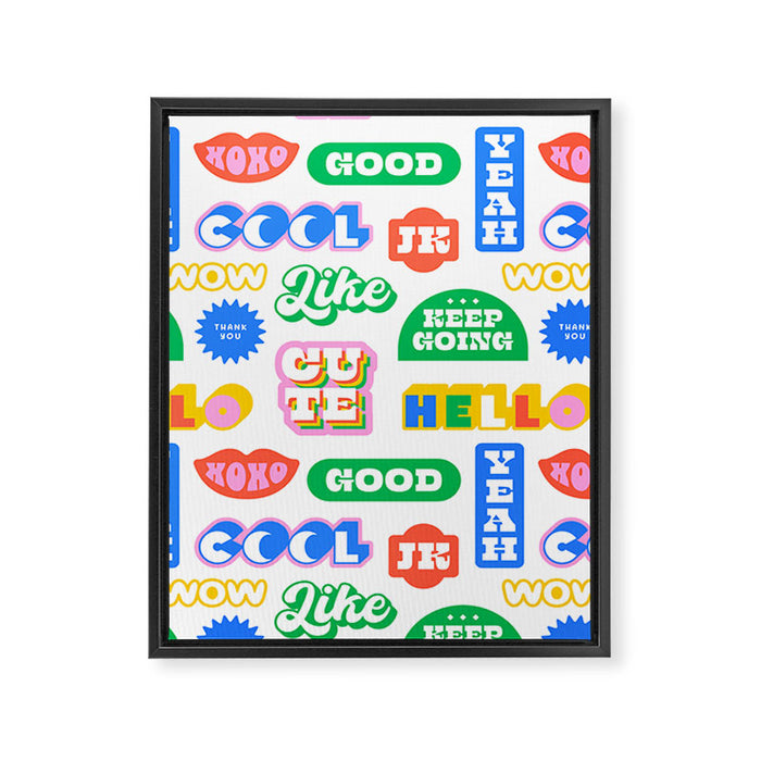Retro funny sticker quote label pattern Framed Canvas Print Gallery Image 1