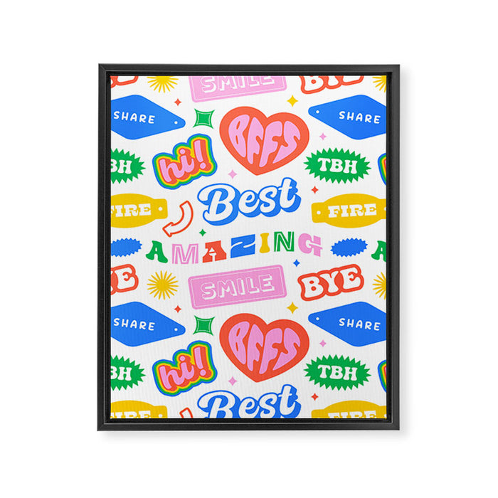 Retro funny sticker quote label pattern Framed Canvas Print Gallery Image 1