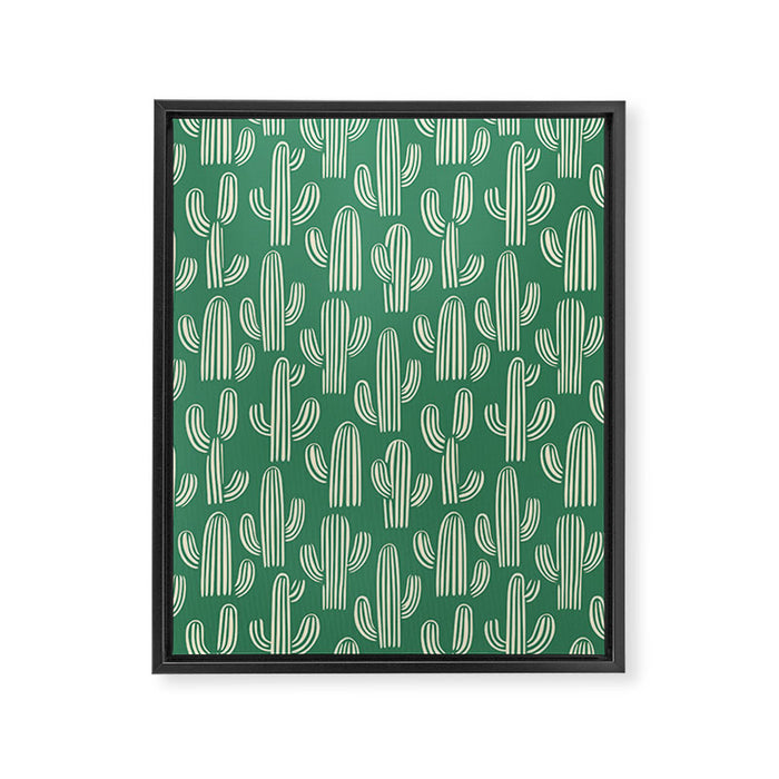 Retro green cactus plant pattern Framed Canvas Print Gallery Image 1