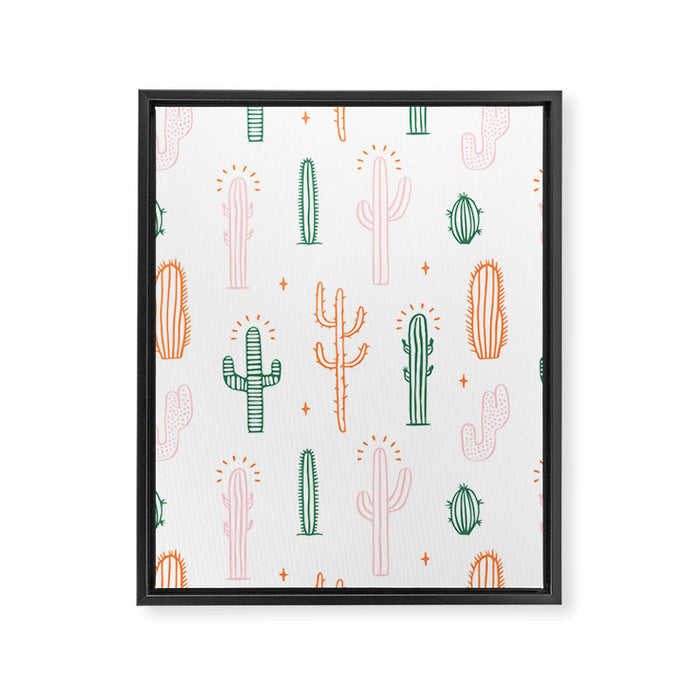 Retro hand drawn cactus plant pattern Framed Canvas Print Gallery Image 1