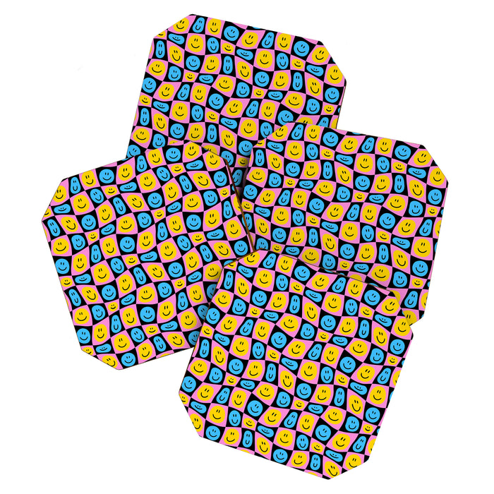Retro happy smiling face checkered pattern Coaster Gallery Image 1