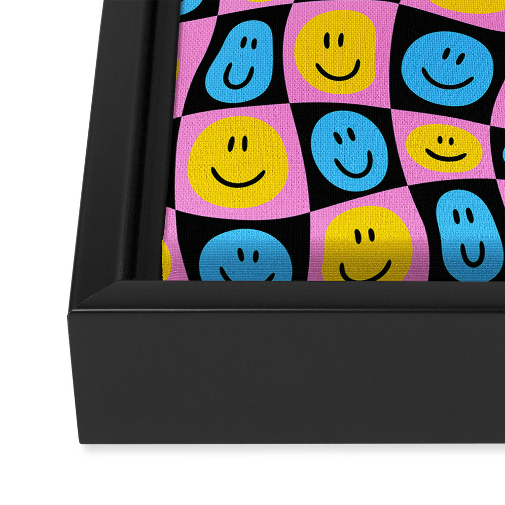 Retro happy smiling face checkered pattern Framed Canvas Print Gallery Image 3