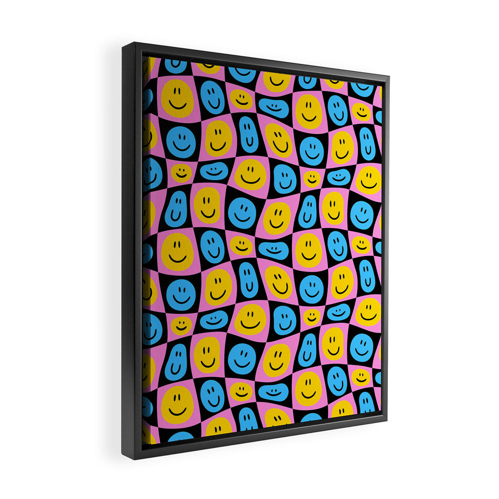 Retro happy smiling face checkered pattern Framed Canvas Print Gallery Image 2