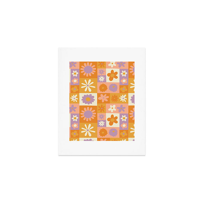 Retro hippie flower mosaic checkered pattern Art Print Gallery Image 1
