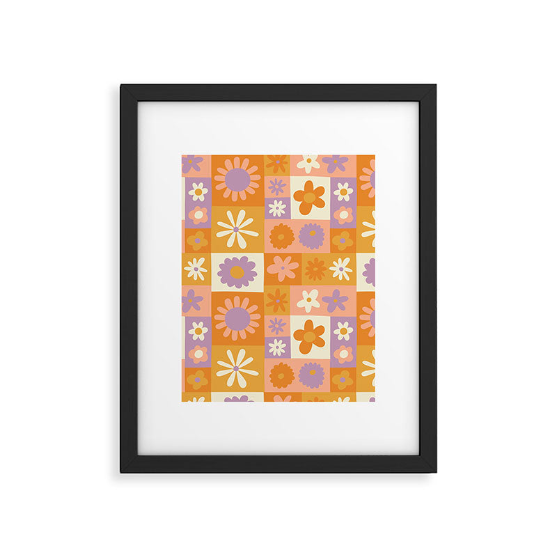 Retro hippie flower mosaic checkered pattern Framed Art Print Gallery Image 6