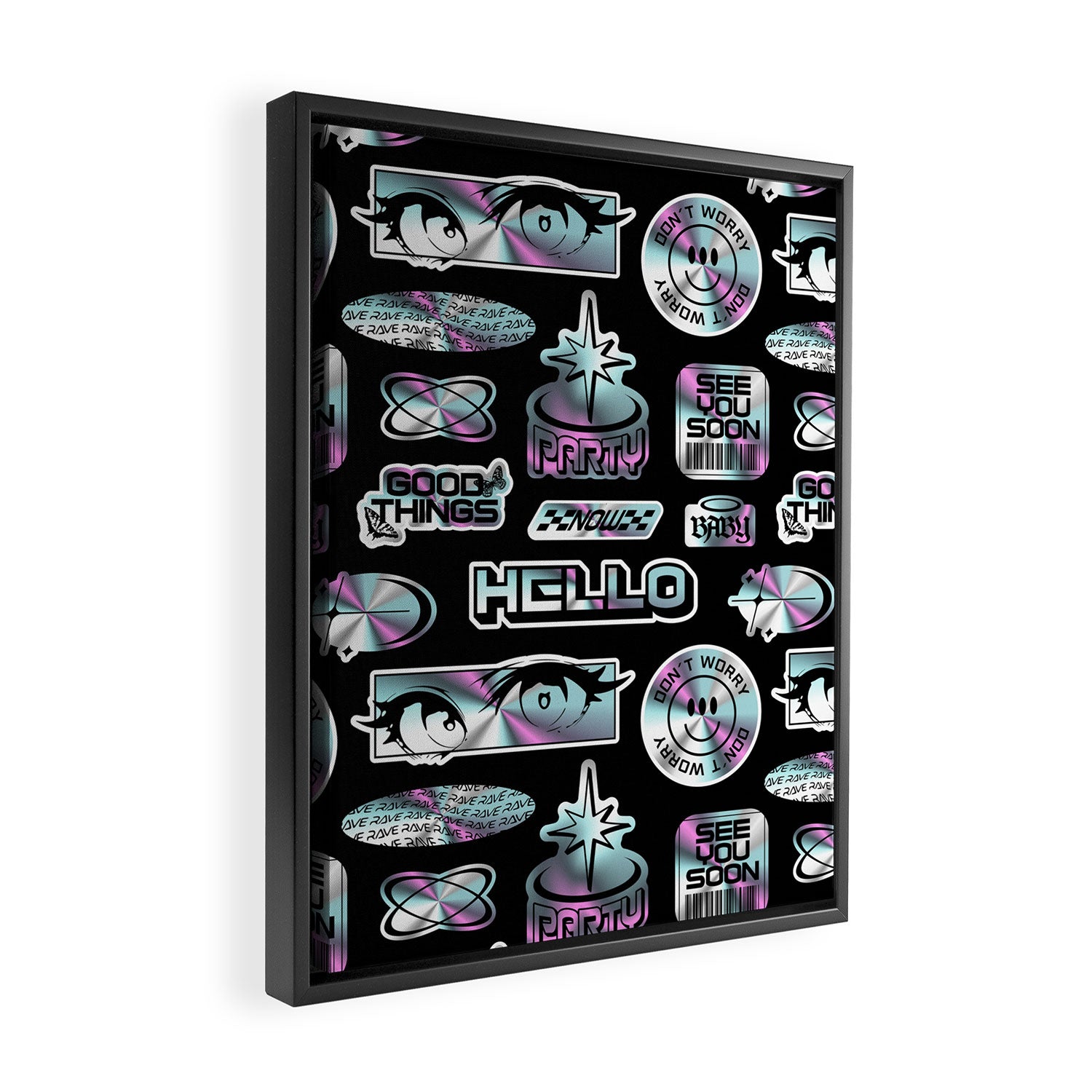 Retro holographic Y2K sticker pattern Framed Canvas Print Gallery Image 2