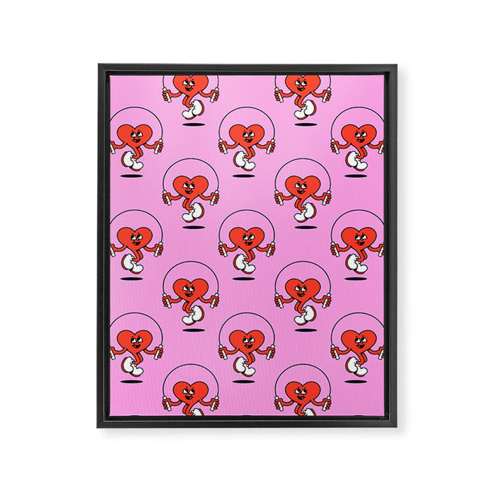 Retro love heart cartoon character pattern Framed Canvas Print Gallery Image 1