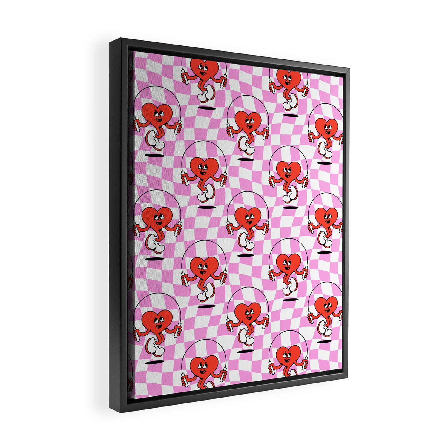 Retro love heart cartoon character pattern Framed Canvas Print Gallery Image 2