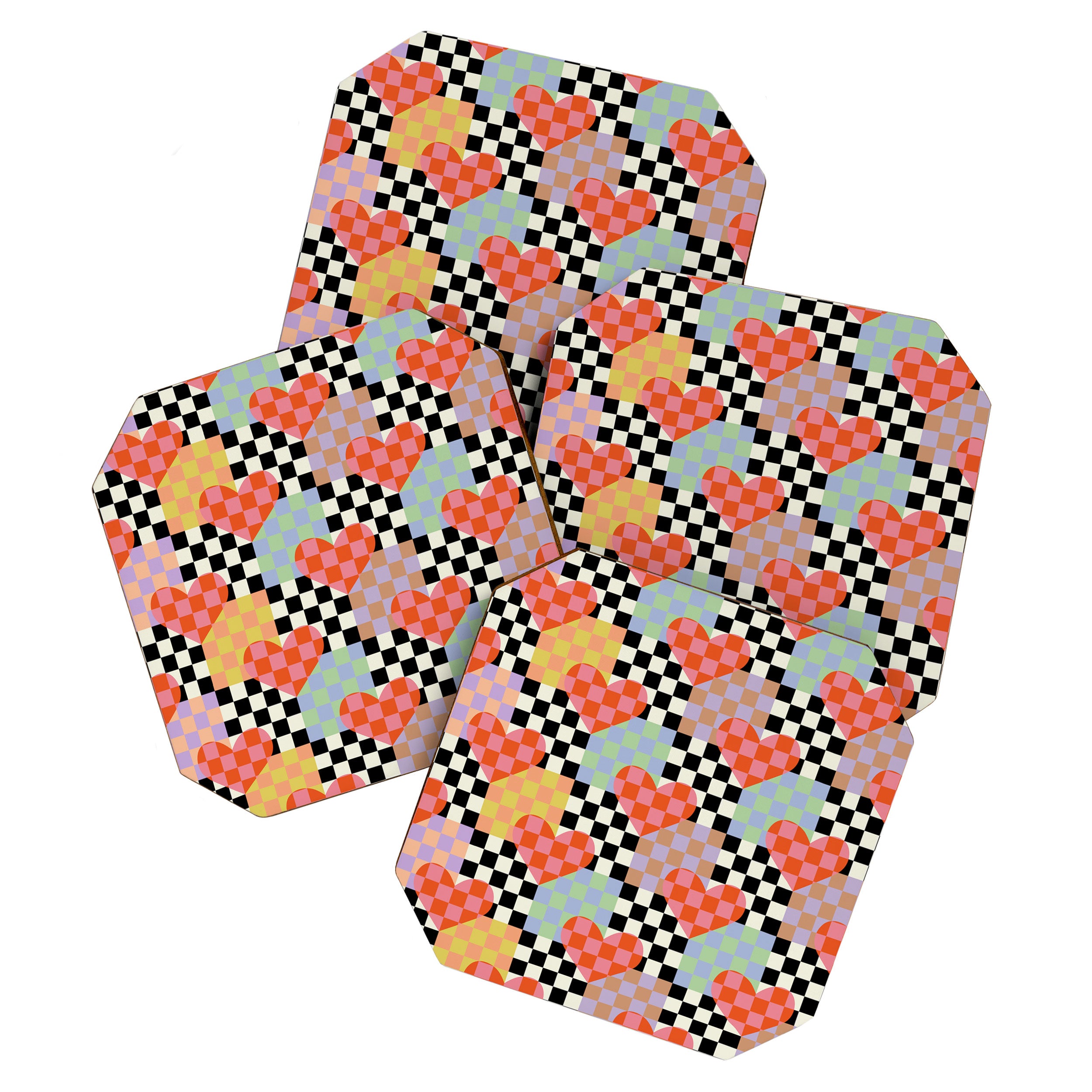 Retro love heart checkered pattern Coaster Gallery Image 1