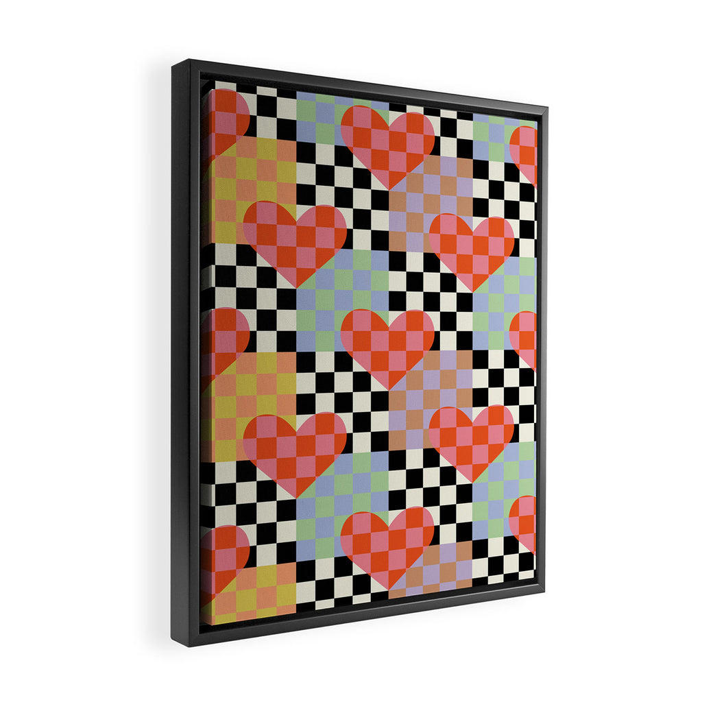 Retro love heart checkered pattern Framed Canvas Print Gallery Image 2