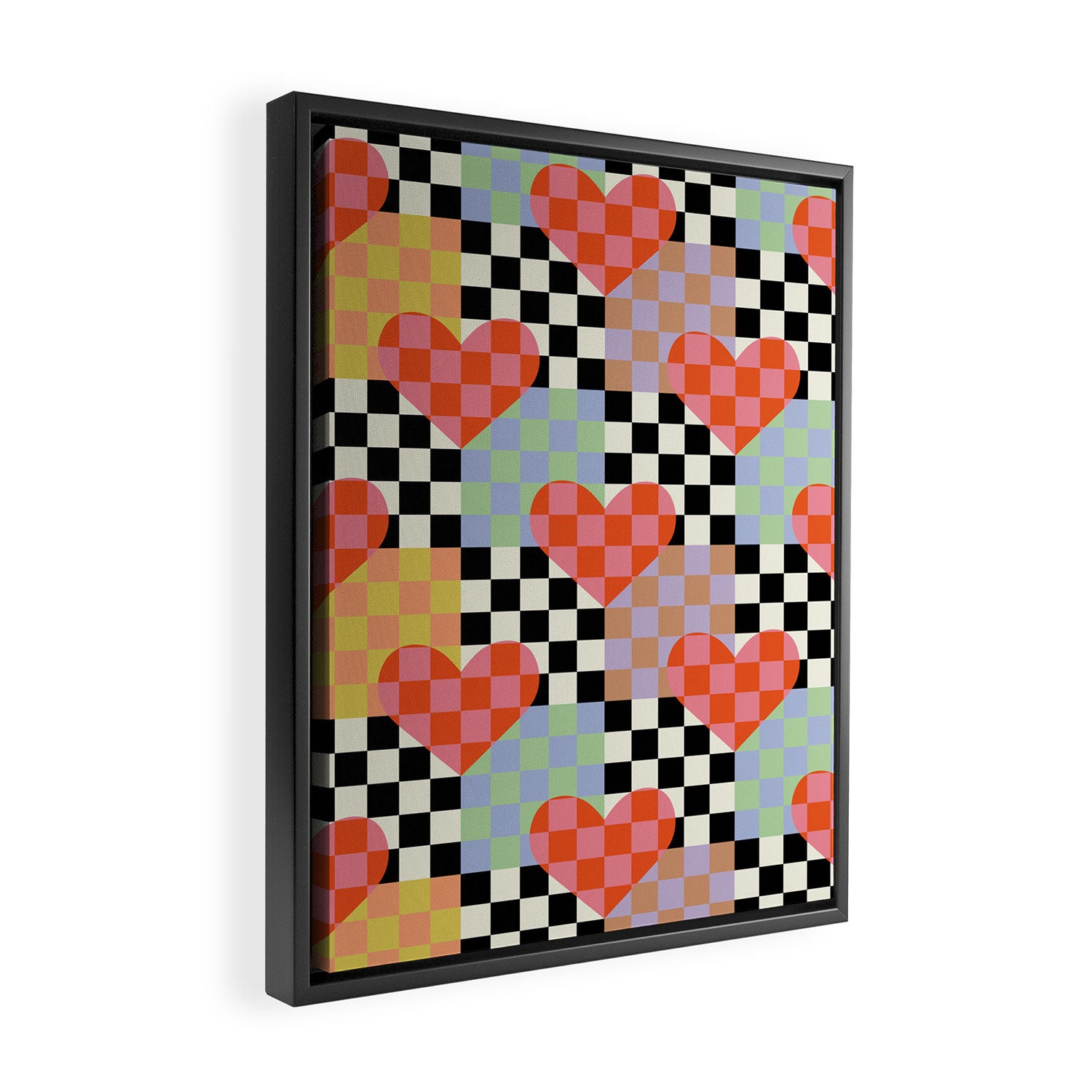 Retro love heart checkered pattern Framed Canvas Print Gallery Image 2