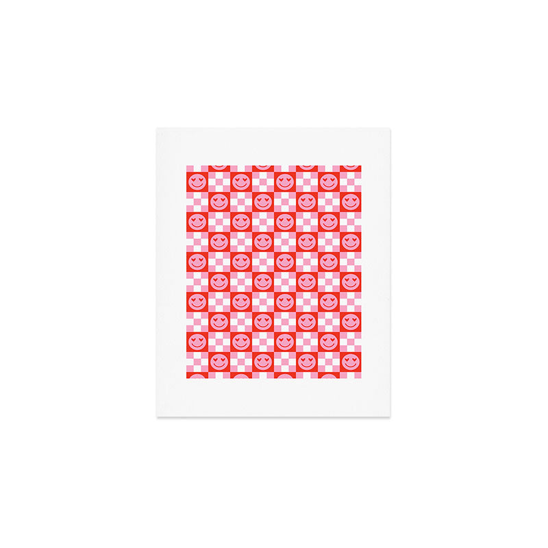 Retro love heart face checkered pattern Art Print Gallery Image 1