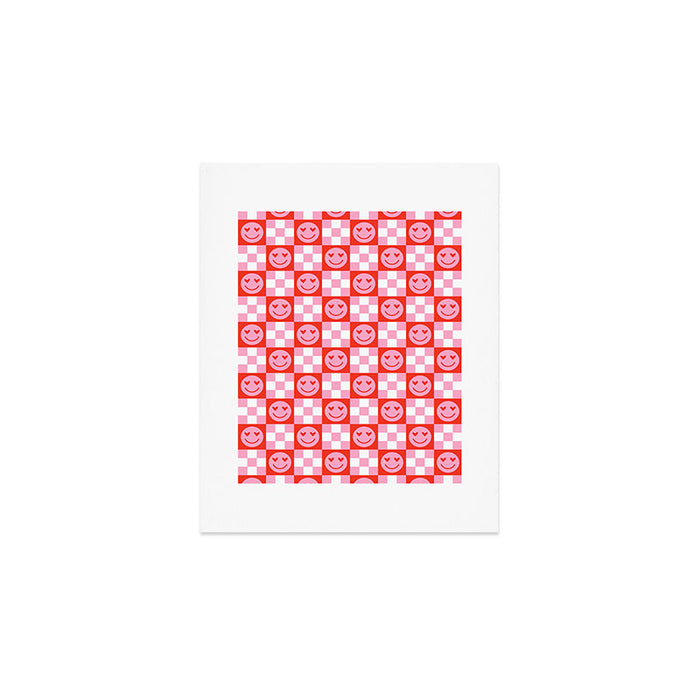 Retro love heart face checkered pattern Art Print Gallery Image 1