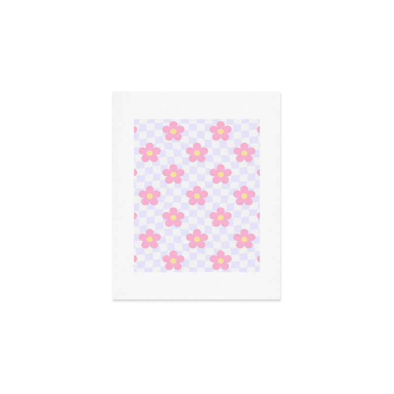 Retro pastel flower checkered art pattern Art Print Gallery Image 1