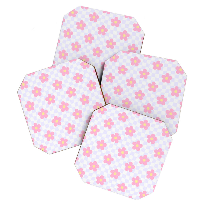 Retro pastel flower checkered art pattern Coaster Gallery Image 1