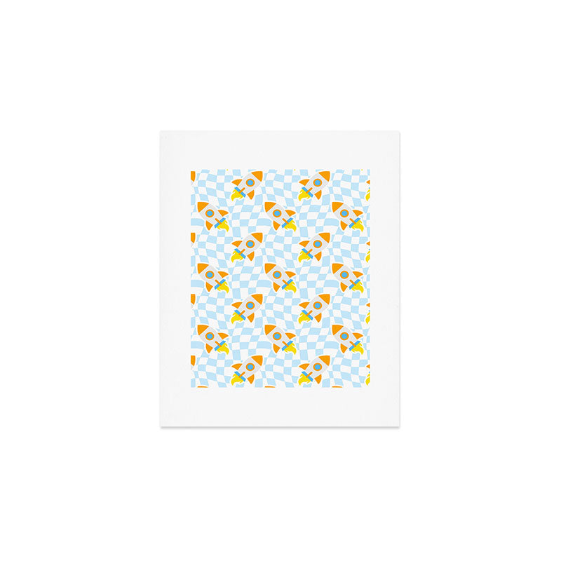 Space rocket cartoon checkered pattern Art Print Gallery Image 1