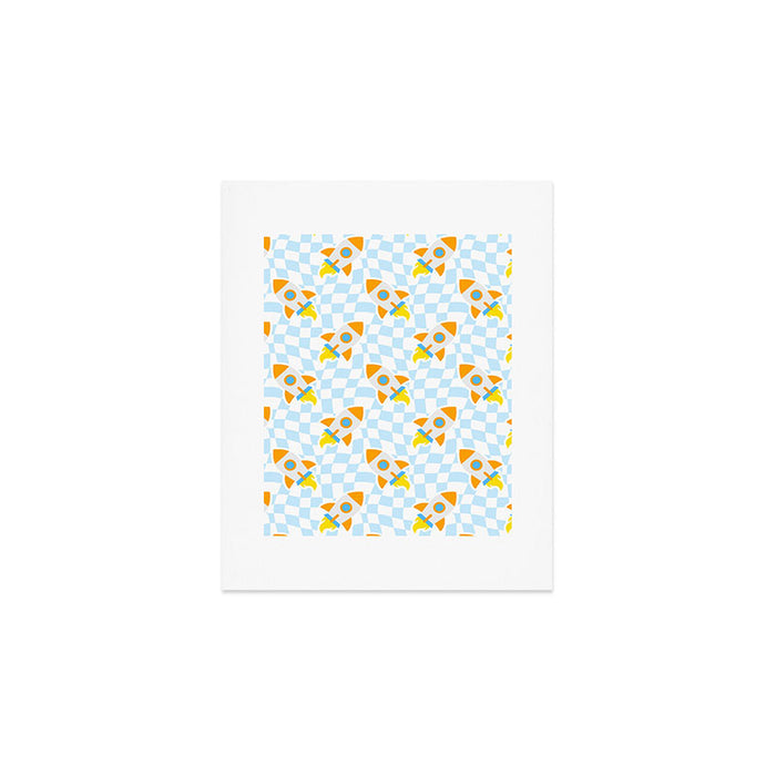 Space rocket cartoon checkered pattern Art Print Gallery Image 1