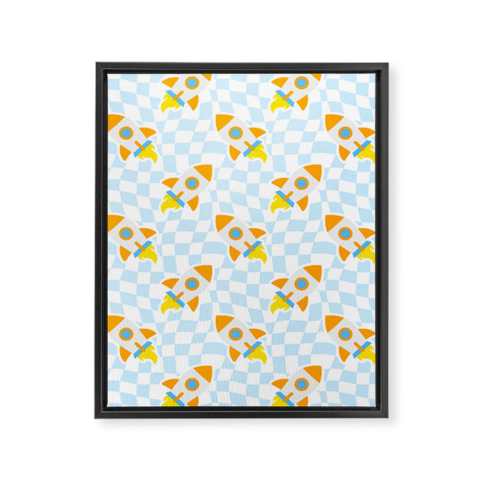 Space rocket cartoon checkered pattern Framed Canvas Print Gallery Image 1