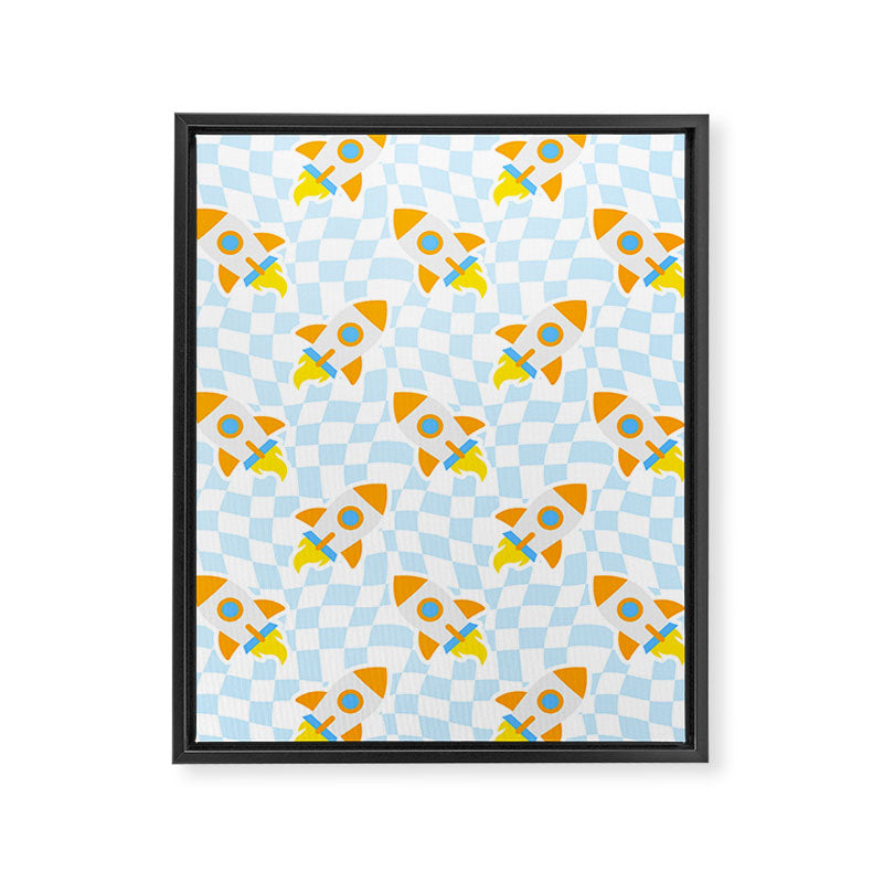 Space rocket cartoon checkered pattern Framed Canvas Print Gallery Image 8