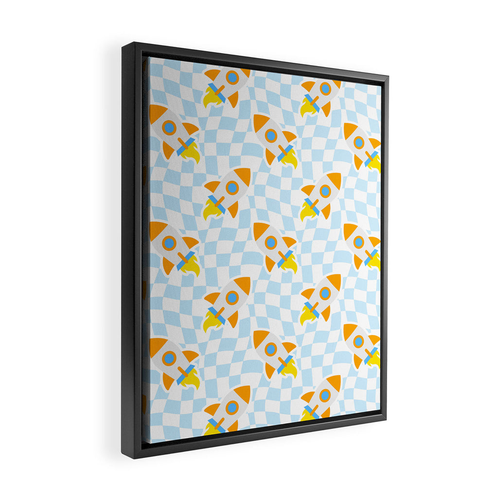 Space rocket cartoon checkered pattern Framed Canvas Print Gallery Image 2