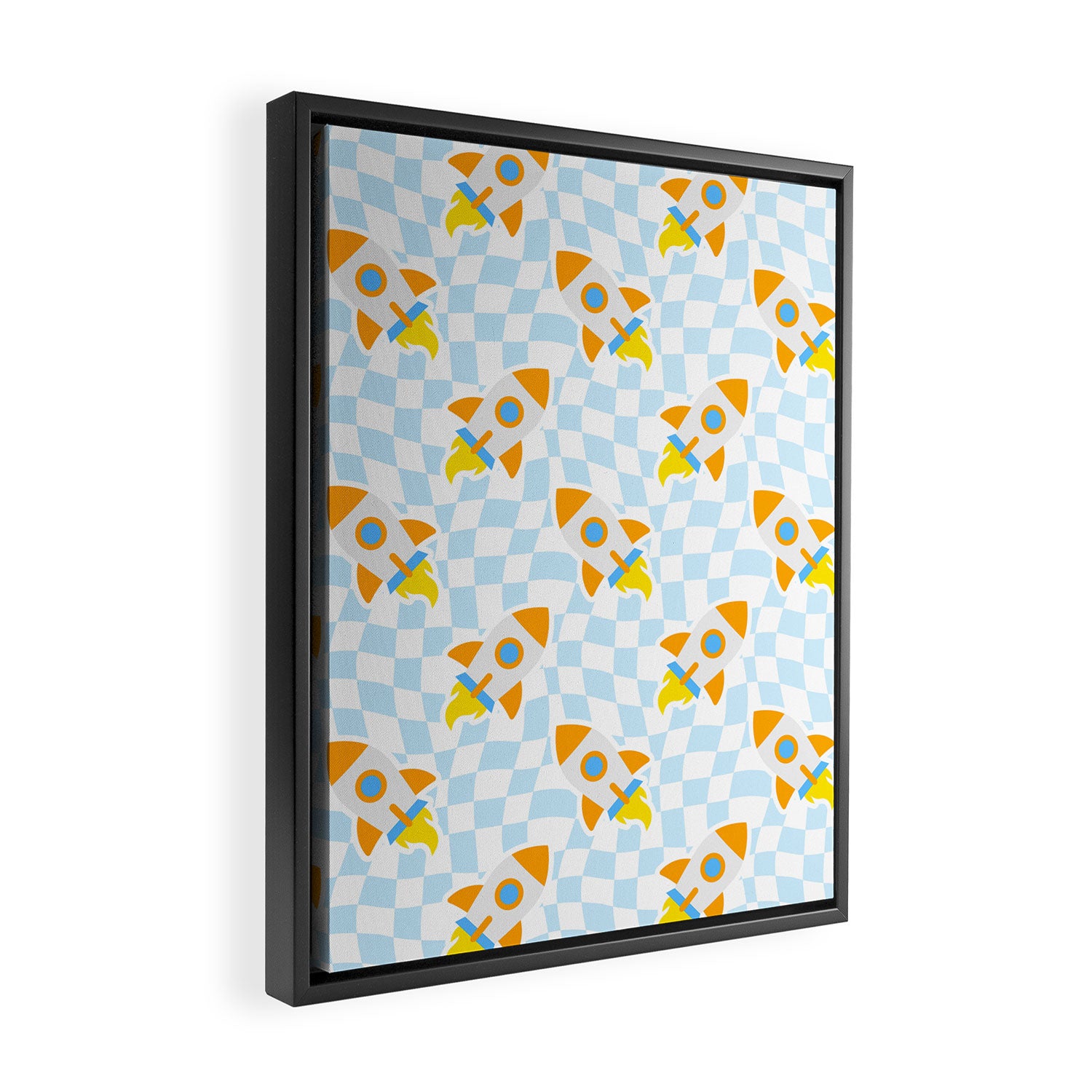 Space rocket cartoon checkered pattern Framed Canvas Print Gallery Image 2