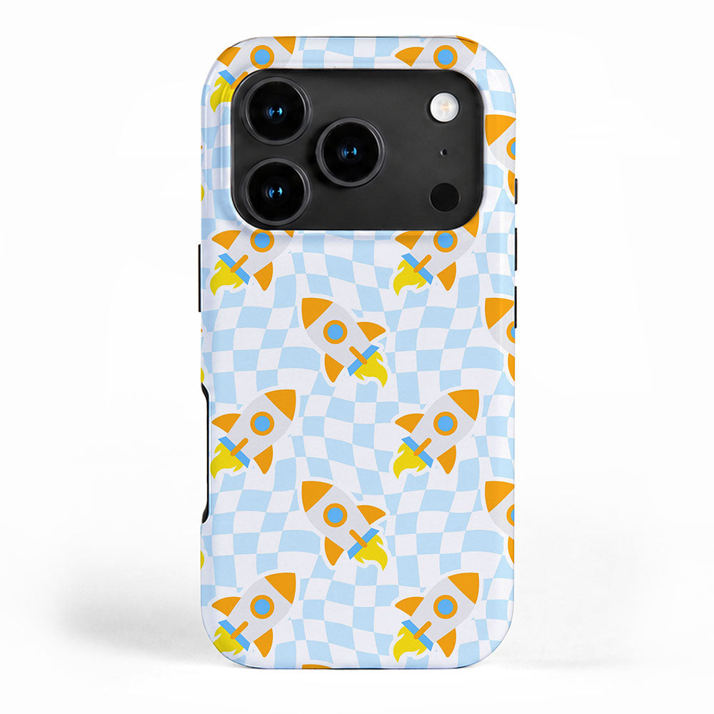 Space rocket cartoon checkered pattern iPhone Case Gallery Image 1