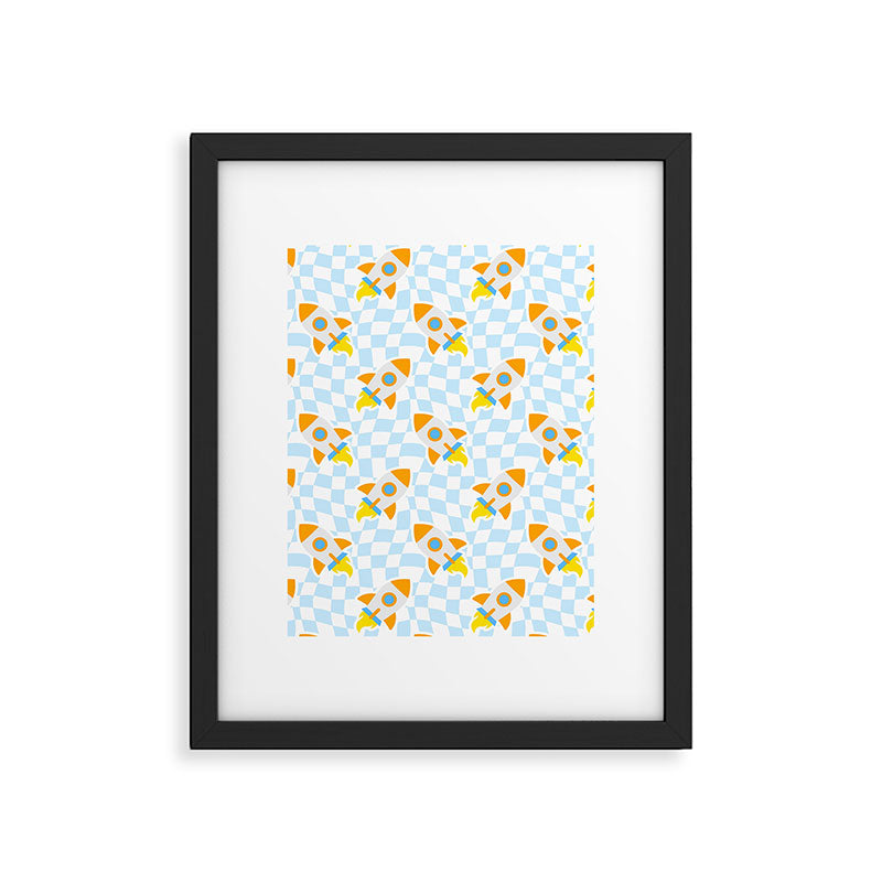 Space rocket cartoon checkered pattern Framed Art Print Gallery Image 6