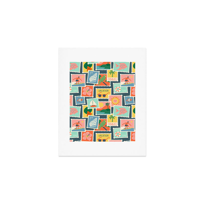 Summer travel postage stamp sticker pattern Art Print Gallery Image 1