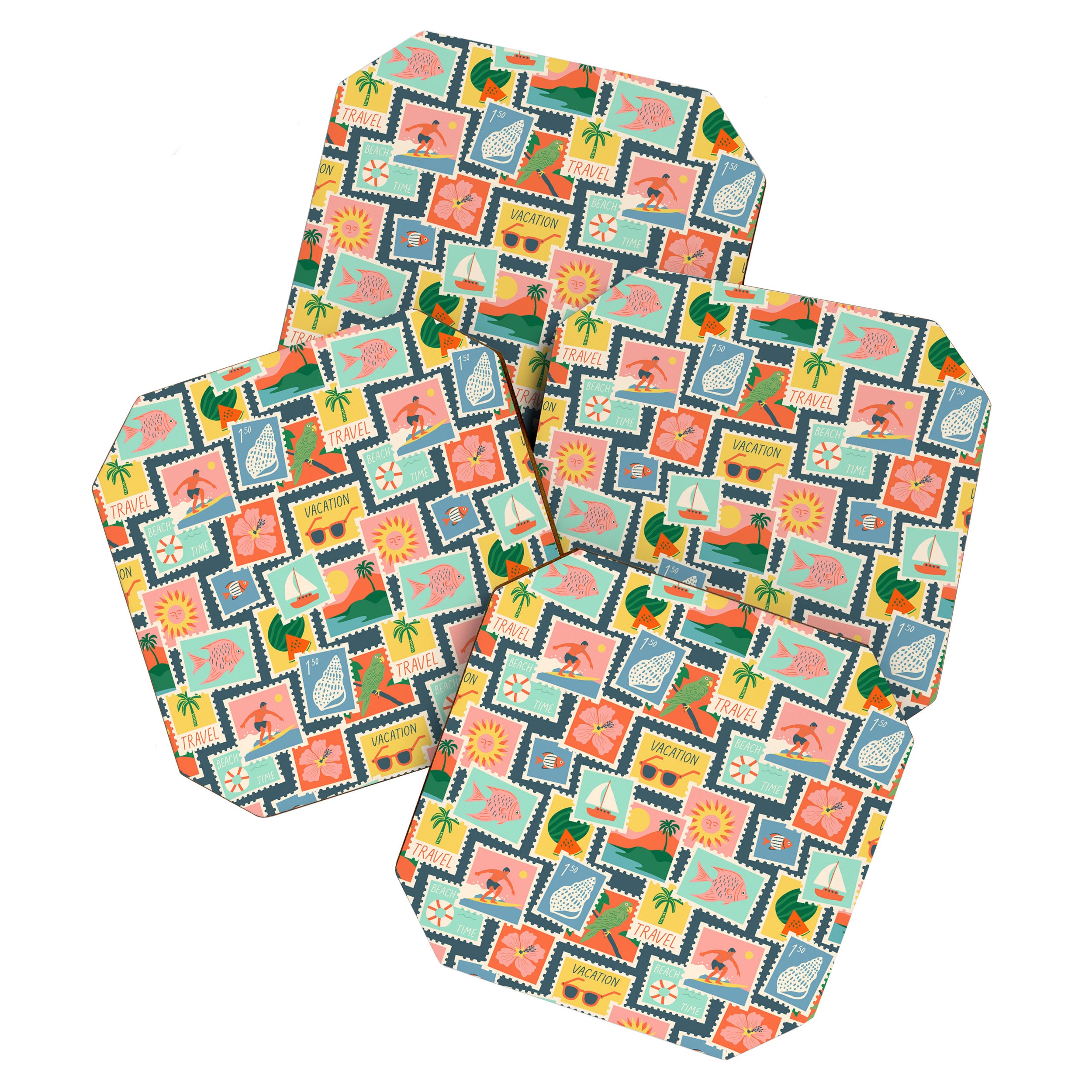 Summer travel postage stamp sticker pattern Coaster Gallery Image 1