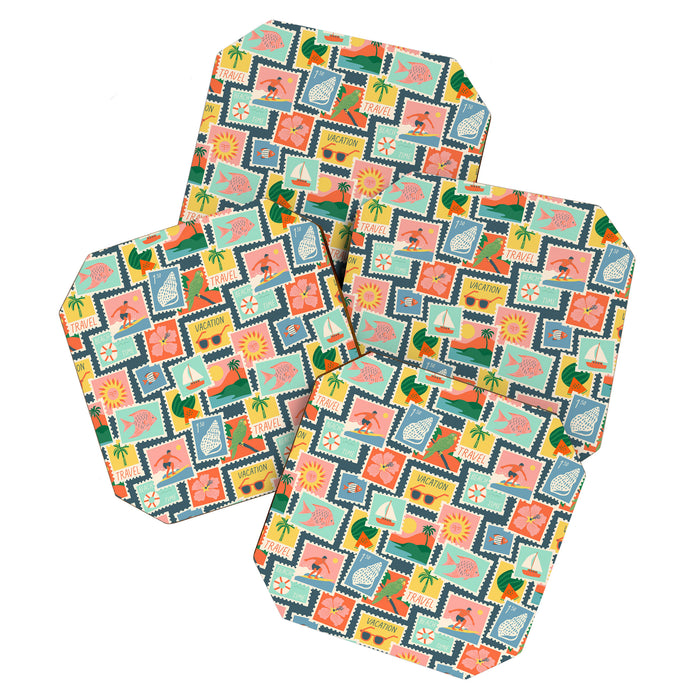 Summer travel postage stamp sticker pattern Coaster Gallery Image 1