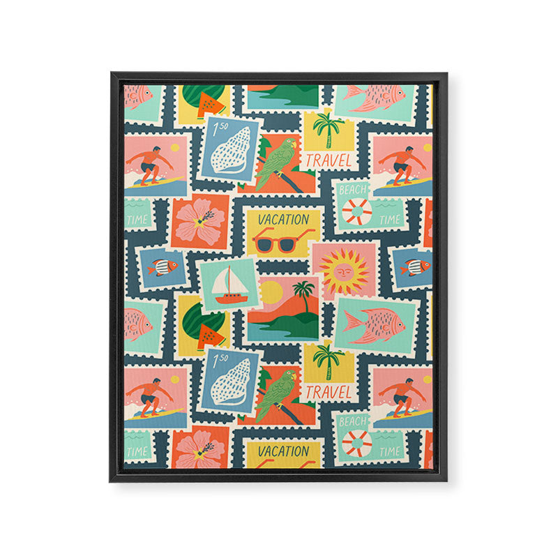 Summer travel postage stamp sticker pattern Framed Canvas Print Gallery Image 8