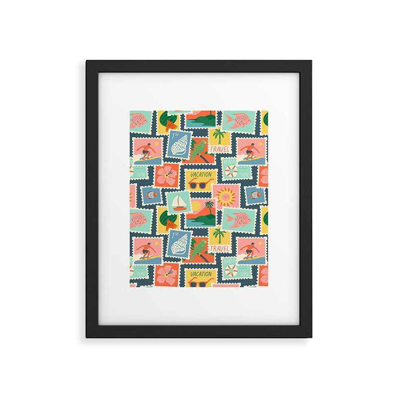 Summer travel postage stamp sticker pattern Framed Art Print Gallery Image 6