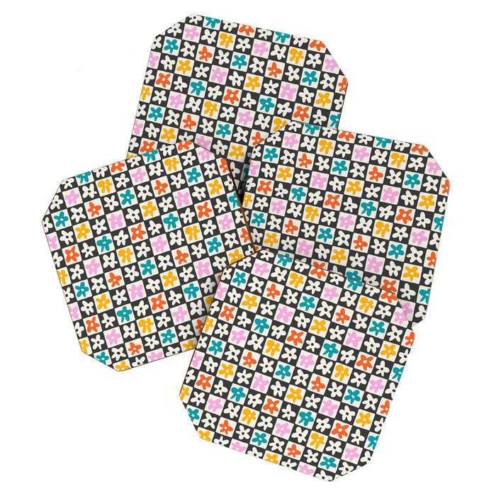 Trendy checkered flower art pattern Coaster Gallery Image 1