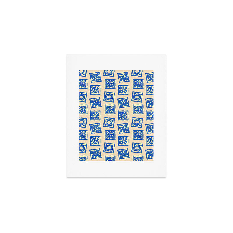 Vintage blue flower postage stamp pattern Art Print Gallery Image 1
