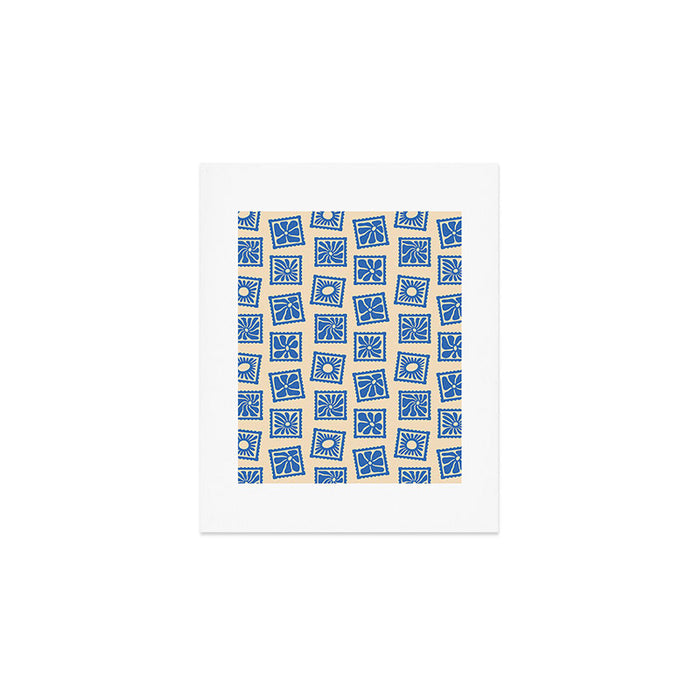 Vintage blue flower postage stamp pattern Art Print Gallery Image 1